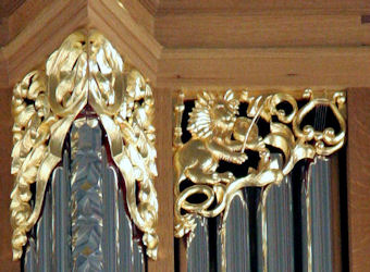 Wood carved Lion, Pipe shades, Marion Camp Oliver Organ at St. Mark's Cathedral in Seattle, WA